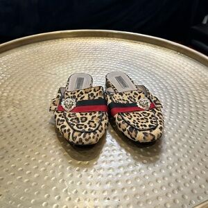 Steve Madden Leopard Calf Hair Mules with Gold Lion Accents